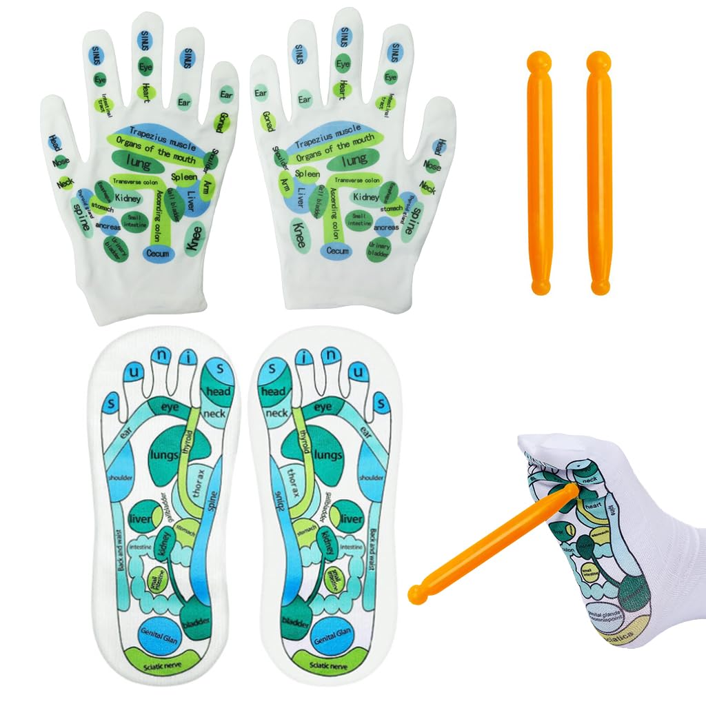 HANNEA 4PCS Reflexology Socks and Gloves Tool Set, Reflexology Tools Massage with Point Massager Tools Hand Spa Reflexology Sock Five Toe Separate Socks for Women and Men Tired Relieve HANNEA 4PCS Reflexology Socks and Gloves Tool Set, Reflexology Tools Massage with Point Massager Tools Hand Spa Reflexology Sock Five Toe Separate Socks for Women and Men Tired Relieve